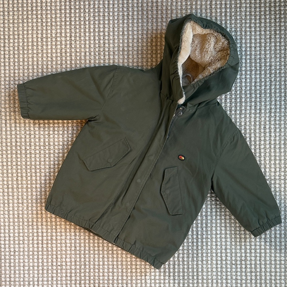 Bellerose Kids Olive Green Hooded Parka Jacket with Sherpa Lining